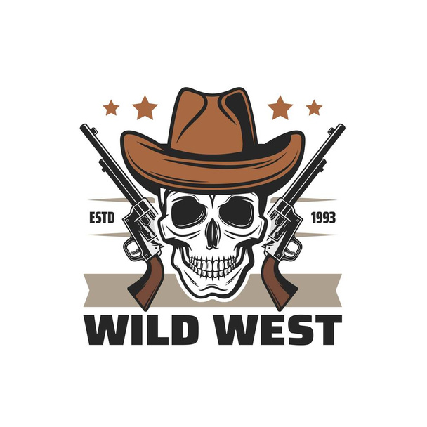 Wild West icône cowboy crâne et pistolets, American Western symbole vectoriel. Texas saloon et Arizona rodéo ranger ou bandit voleur crâne en chapeau de cow-boy - Vecteur, image