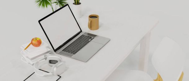 Yan görünüş, beyaz çalışma masası beyaz oda tarzı, laptop boş ekran üstünde kulaklık, kitap, kahve, ev bitkisi, minimal şekil, 3D görüntü - Fotoğraf, Görsel