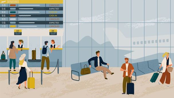 空港ターミナルの手描きベクトルイラストでフライトを待っている人。空港のチェックインカウンターで待ち行列の乗客。航空旅行のコンセプト - ベクター画像