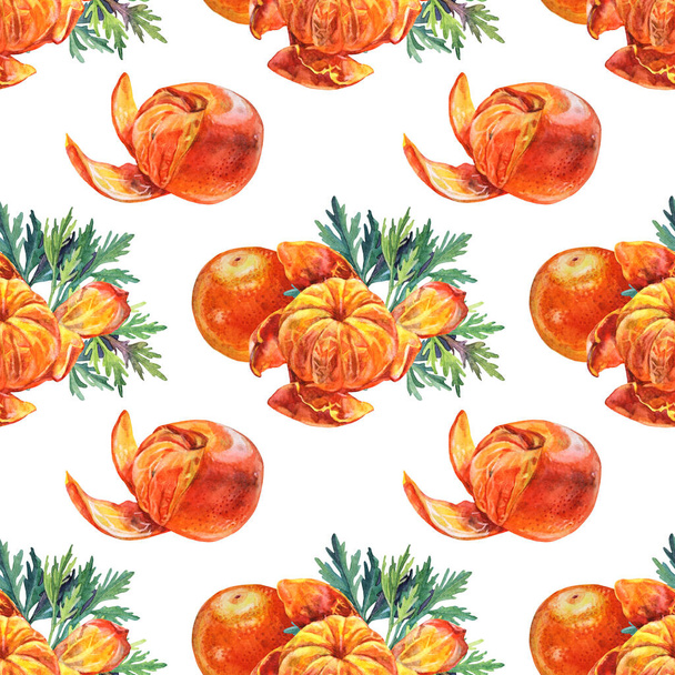 Bezešvé vzor akvarel složení citrusových plodů pomerančová kůra mandarinky se zelenými listy izolované na bílém pozadí. Ručně kreslené jídlo na zimu nebo léto, Vánoce na menu, obaly - Fotografie, Obrázek
