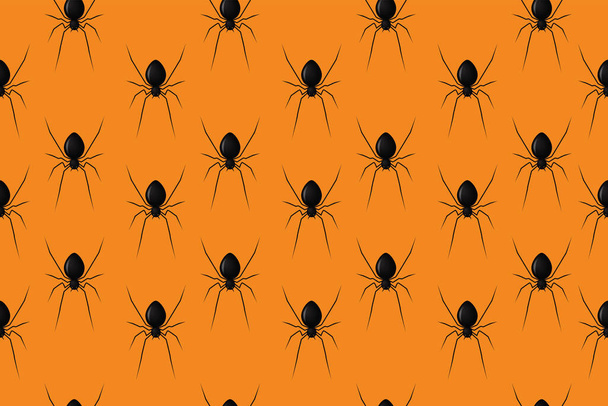 Patrón sin costura aislado realista vectorial con arañas colgantes para la decoración y el revestimiento en el fondo naranja. Fondo espeluznante para Halloween. ilustrador - Vector, imagen