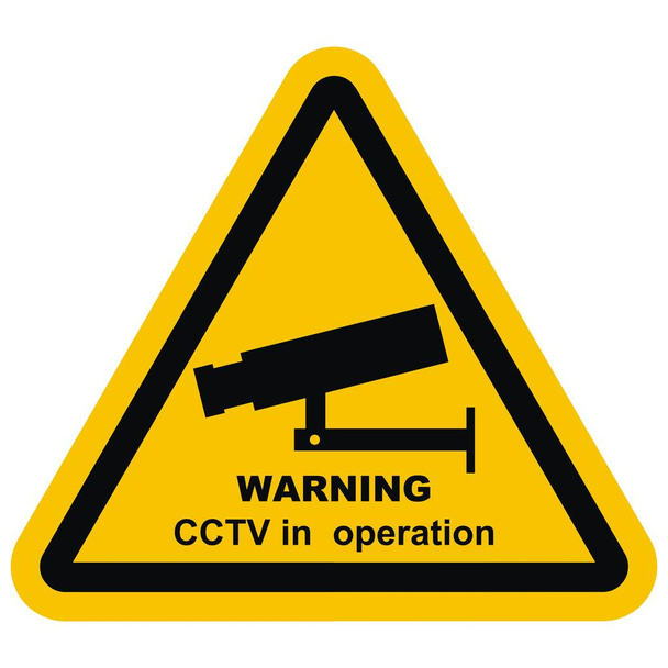 CCTV kamera, fekete jel szöveges figyelmeztető CCTV működésben, háromszög sárga keret, elszigetelt tárgy, vektor ikon - Vektor, kép