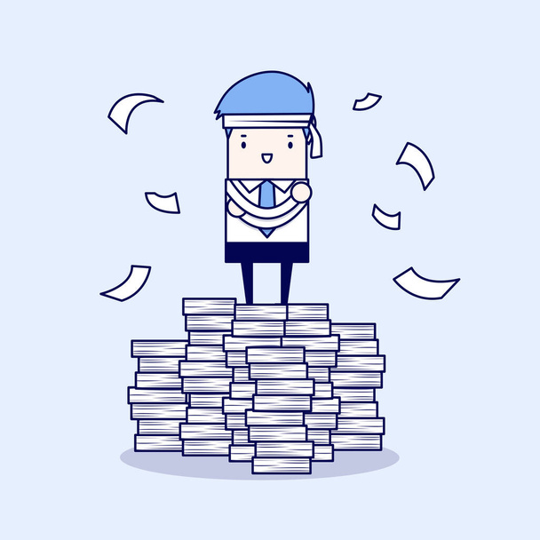 Businessman standing on paperwork. Cartoon character thin line style vector. - Vector, Image