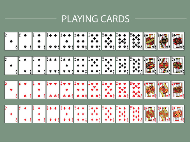 Póker szett elszigetelt kártyákkal.Játékkártyák, teljes pakli, Vector illusztrációk. - Vektor, kép