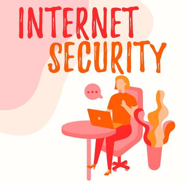 Handwriting text Internet Security. Business showcase security that deals exactly with Internetbased threats Woman Sitting Office Desk Using Laptop With Speech Bubble Beside Plant. - Photo, image