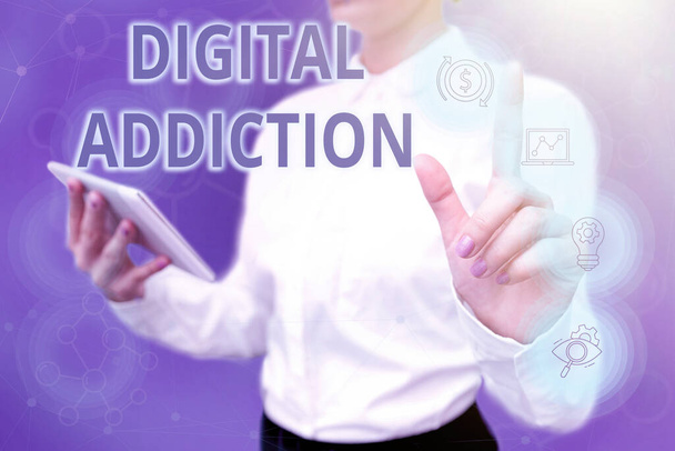 Inspiration showing sign Digital Addiction. Business idea disorder that involves the obsessive use of mobile devices Lady In Uniform Standing Hold Phone Virtual Press Button Futuristic Tech. - Photo, Image