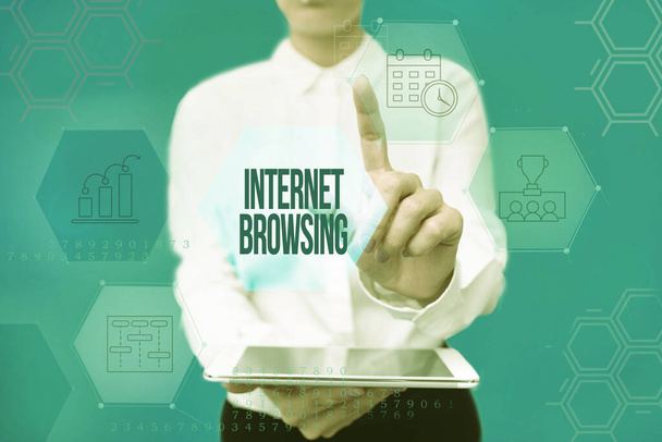 Text sign showing Internet Browsing. Business approach Act of looking through a set of information quickly Lady In Uniform Holding Phone Virtual Press Button Futuristic Technology. - Photo, Image