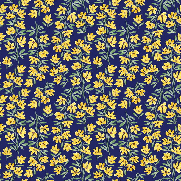 Watercolor yellow flowers on a blue background. Watercolor pattern with branches of wildflowers. Abstract floral pattern. Design for textiles, stationery. - Foto, imagen