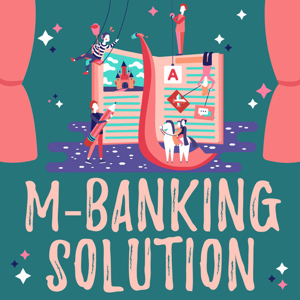 M bankacılık çözümünü gösteren bir tabela. İş genel görünümü, akıllı telefon düzeltme programı kodundaki bir uygulama, Uygulama Yazılımının Güncellenmesi, Programlama Hatası Bulma üzerinden bankacılığa erişildi - Fotoğraf, Görsel