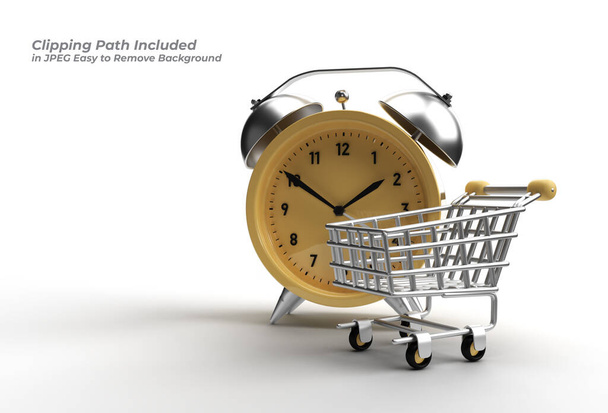 Limited Time Shopping Cart with Retro Alarm Clock Pen Tool Created Clipping Path Included in JPEG Easy to Composite. - Fotografie, Obrázek