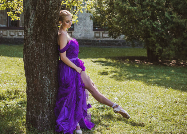 Jeune Ballerine au look vintage. Danseuse de ballet. Image d'une danseuse. Dame en robe de soirée violette a démontré la féminité. Style chorégraphique classique - Photo, image