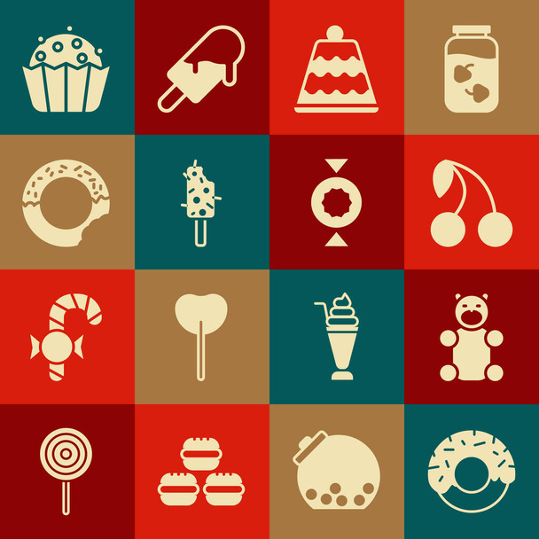 Set Donut, Jelly bear candy, Cherry, Cake, Ice cream, Cupcake and Candy icon. Vector - Wektor, obraz