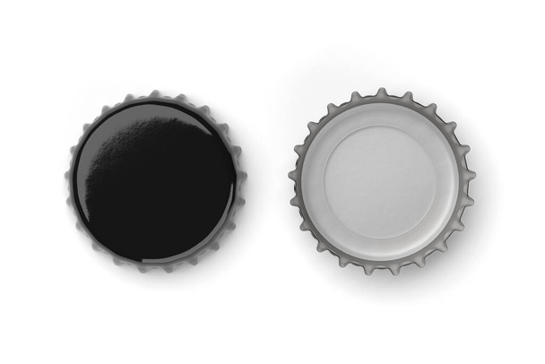 Μαύρα καπάκια μπύρας χλευάζουν απομονωμένα σε λευκό φόντο. Κενά μεταλλικά καπάκια αναψυκτικών. 3d απεικόνιση απόδοση. - Φωτογραφία, εικόνα