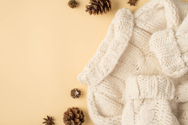 Top view photo of white knitted sweater pine cones and anise on isolated beige background with copyspace - Foto, immagini