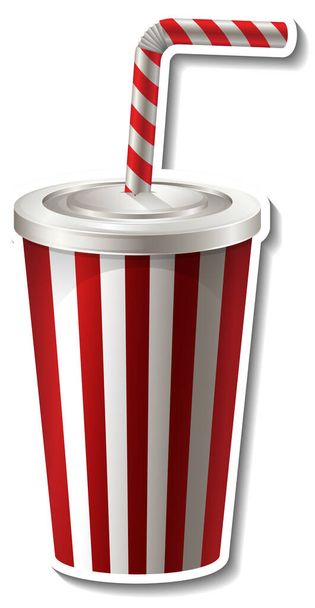 Red striped paper cup with straw sticker on white background illustration - Vector, Image