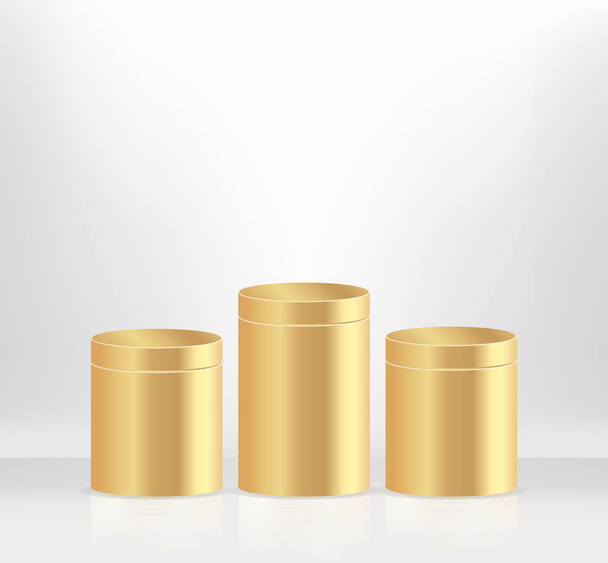 Moderno tre cilindri d'oro piedistallo podio, minimo, Palcoscenico per i premi sul sito web, Sala astratta, - Vettoriali, immagini