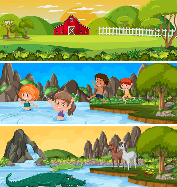 Διαφορετικό τοπίο της φύσης κατά τη διάρκεια της ημέρας με εικονογράφηση χαρακτήρα κινουμένων σχεδίων - Διάνυσμα, εικόνα