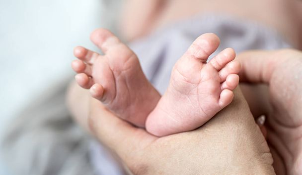 Close-up of newborn baby's legs in mom's hands on blurred background. - Foto, immagini