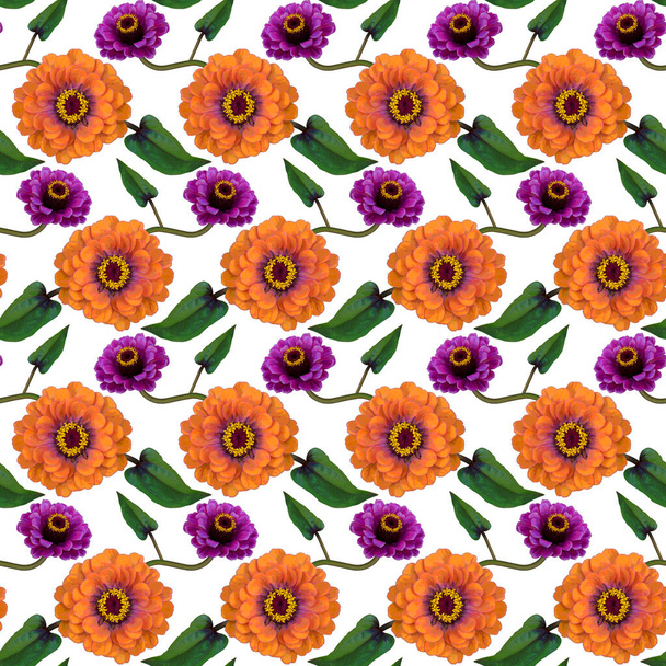 Seamless pattern with orange, purple Zinnia flowers and green leaves on white background. Endless colorful floral texture. Raster illustration. - Foto, immagini