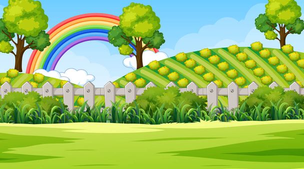 Fondo de la escena del parque natural con arco iris en el cielo ilustración - Vector, imagen