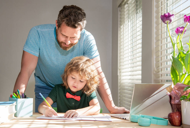 family and parenthood blog. boy do homework with private teacher. drawing lesson. education. - Fotó, kép