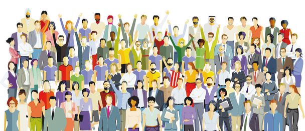 a large group of people happily together, on a white background. illustration - Vector, Image