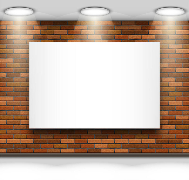 Leeg fotolijstje, spandoek of reclamebord met kopieerruimte hangend aan een bakstenen muur in de hal. Realistische vector illustratie - Vector, afbeelding