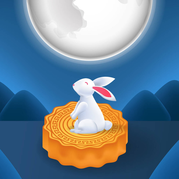 Mitten im Herbst Festivalnacht vie Landschaft Kaninchen auf dem Mondkuchen mit Mond - Vektor, Bild