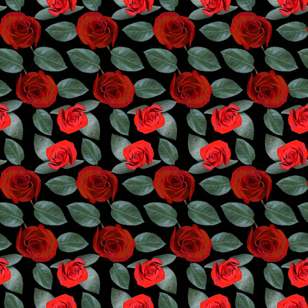 Seamless pattern with red rose flowers and green leaves on black background. Endless colorful floral texture. Raster illustration. - 写真・画像