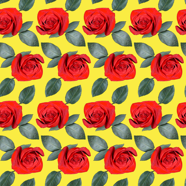 Seamless pattern with red rose flowers and green leaves on yellow background. Endless colorful floral texture. Raster illustration. - Фото, изображение