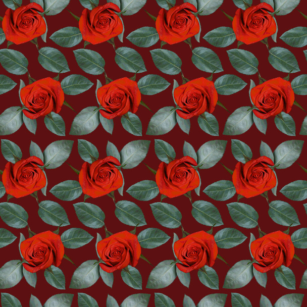 Seamless pattern with red rose flowers and green leaves on red background. Endless colorful floral texture. Raster illustration. - Fotografie, Obrázek