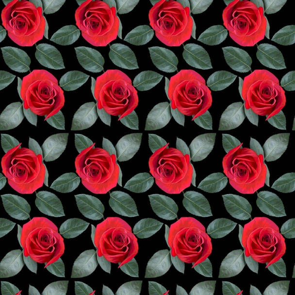 Seamless pattern with red rose flowers and green leaves on black background. Endless colorful floral texture. Raster illustration. - Fotó, kép