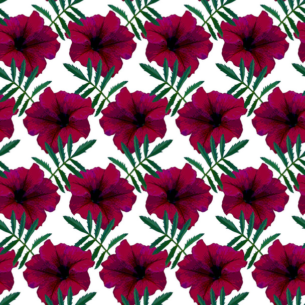 Seamless pattern with red Petunia flowers and green leaves on white background. Endless colorful floral texture. Raster illustration. - Foto, Imagen
