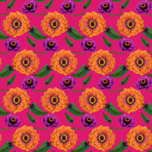 Seamless pattern with orange, purple Zinnia flowers and green leaves on pink background. Endless colorful floral texture. Raster illustration. - Foto, Imagen