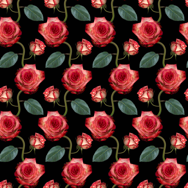 Seamless pattern with pink rose flowers and green leaves on black background. Endless colorful floral texture. Raster illustration. - Foto, afbeelding