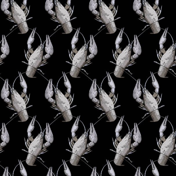 Seamless pattern with crayfish on black background. Endless crawfish texture. Raster illustration. - 写真・画像
