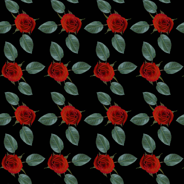 Seamless pattern with red rose flowers and green leaves on black background. Endless colorful floral texture. Raster illustration. - Photo, Image