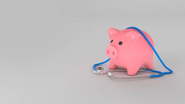 Piggy bank and stethoscope. Concept for expensive insurance. Copy space for text. 3d render - Foto, Imagem