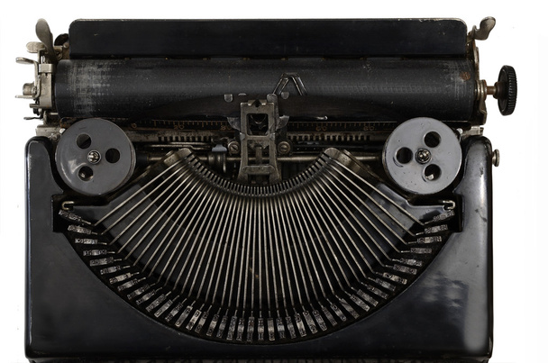 máquina de escribir portátil vintage con letras cirílicas en blanco
 - Foto, Imagen