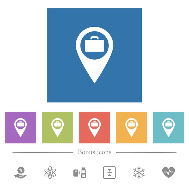 Poggyász tároló GPS térkép helyét lapos fehér ikonok négyzet hátterű. 6 bónusz ikonok tartalmazza. - Vektor, kép