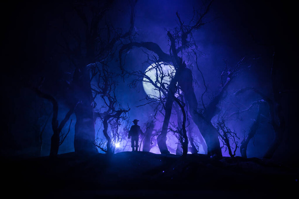 Силует людини, що стоїть у темному лісі. Концепція Хеллоуїна жахів. дивний силует в темному пухнастому лісі вночі
 - Фото, зображення