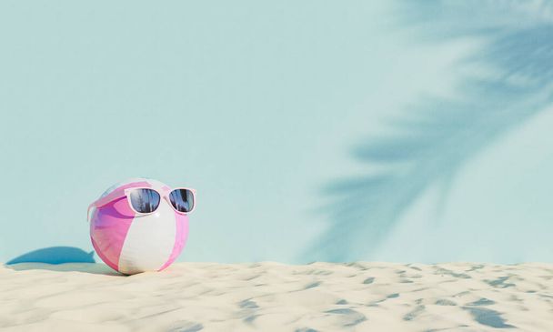 ball with sunglasses on beach sand and palm tree shaded wall. summer vacation concept. 3d rendering - Fotoğraf, Görsel