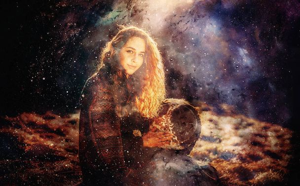 shamanic girl with drum on abstract structured space background. - Photo, Image