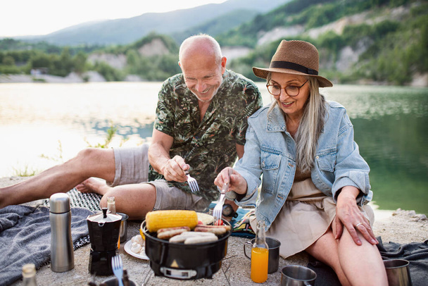 Happy senior couple resting on summer holiday trip, barbecue by lake. - Foto, afbeelding