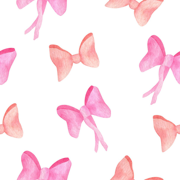 Watercolor pink ribbon bows seamless pattern. Hand painted cute simple design isolated on white background for children, kids, nursery, textile, wrapping. - 写真・画像