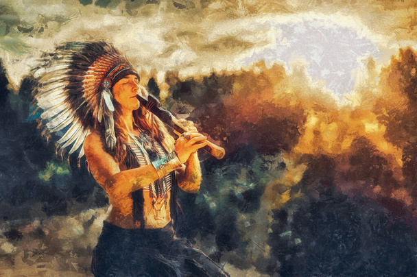 красива шаманська дівчина грає на шаманській флейті в природі. Ефект малювання
. - Фото, зображення