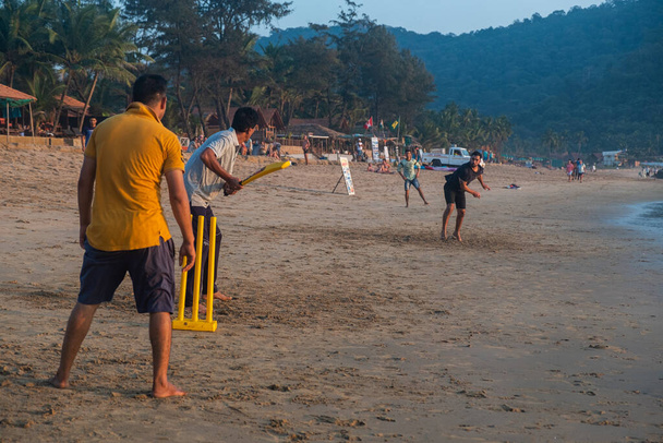 Hindistan 'da gün batımında kriket oynayan bir grup yetişkin. Goa, Hindistan. - Fotoğraf, Görsel