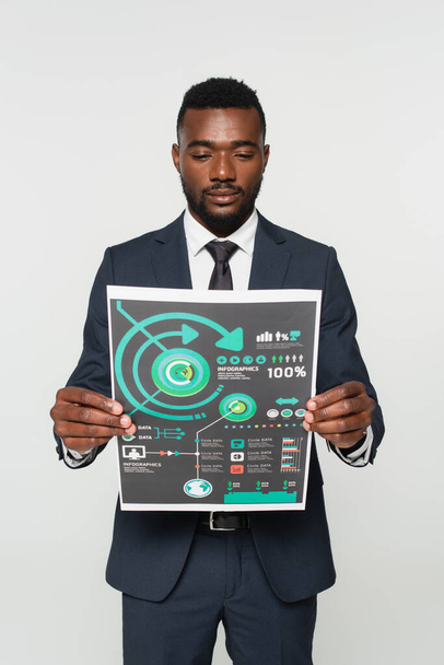 afro-amerikai üzletember öltönyben kezében nyomtatott papír infografikával elszigetelt szürke - Fotó, kép