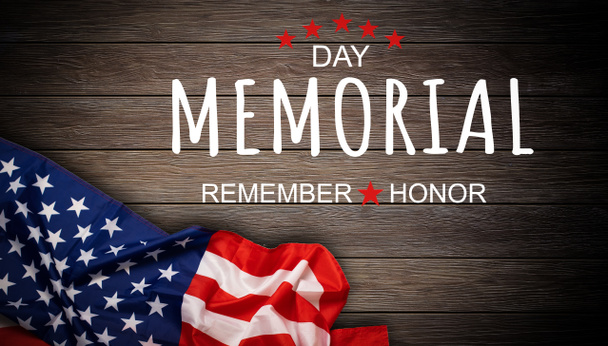 Happy memorial day concept made from vintage american flag on white wooden background - Фото, изображение