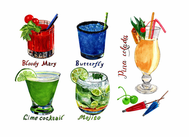 A set of popular cocktails: mojito, bloody mary, pina colada, butterfly, lime. Insulated glasses with drinks on a white background. Watercolor illustration. - Foto, immagini